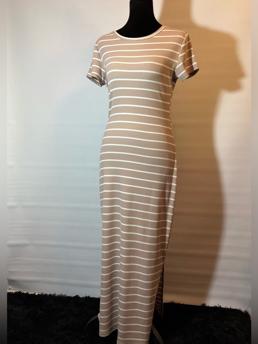 🌙✨ Beige and White Striped Maxi Dress — Classic Short Sleeve Tee Maxi